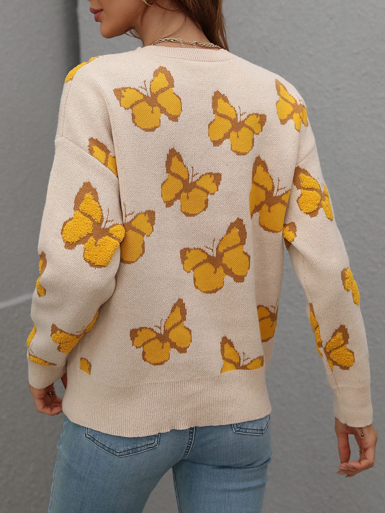 Woven Right Butterfly Dropped Shoulder Crewneck Sweater