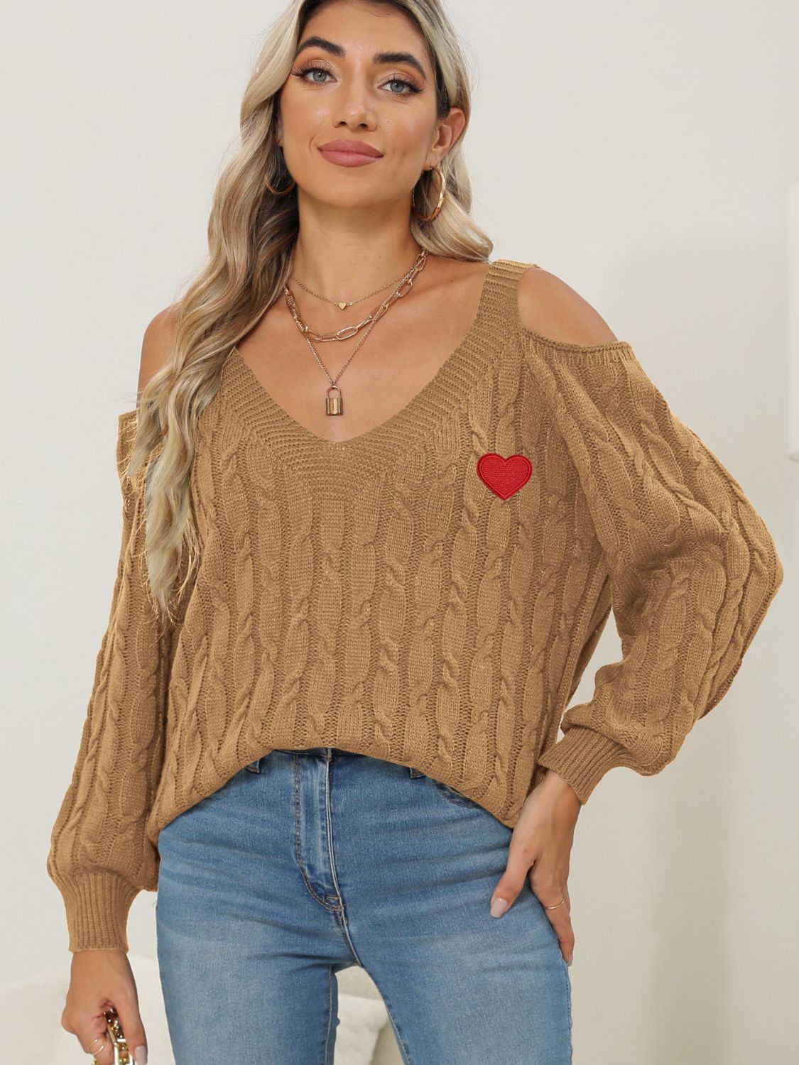 Heart V-Neck Cold Shoulder Sweater