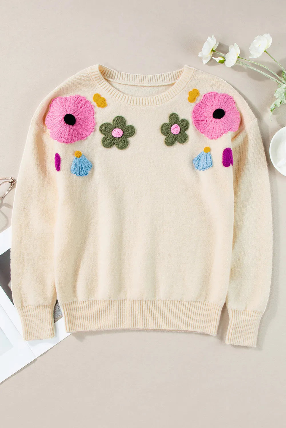 Queen Fit Crochet Flower Round Neck Long Sleeve Sweater