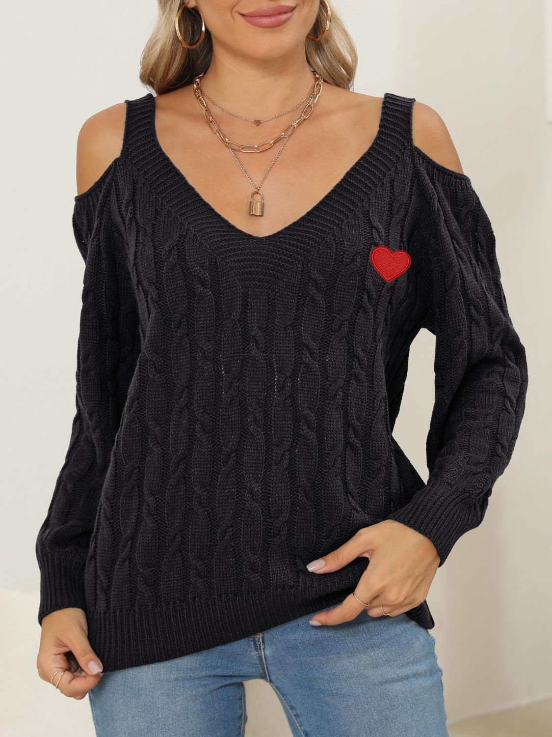 Heart V-Neck Cold Shoulder Sweater