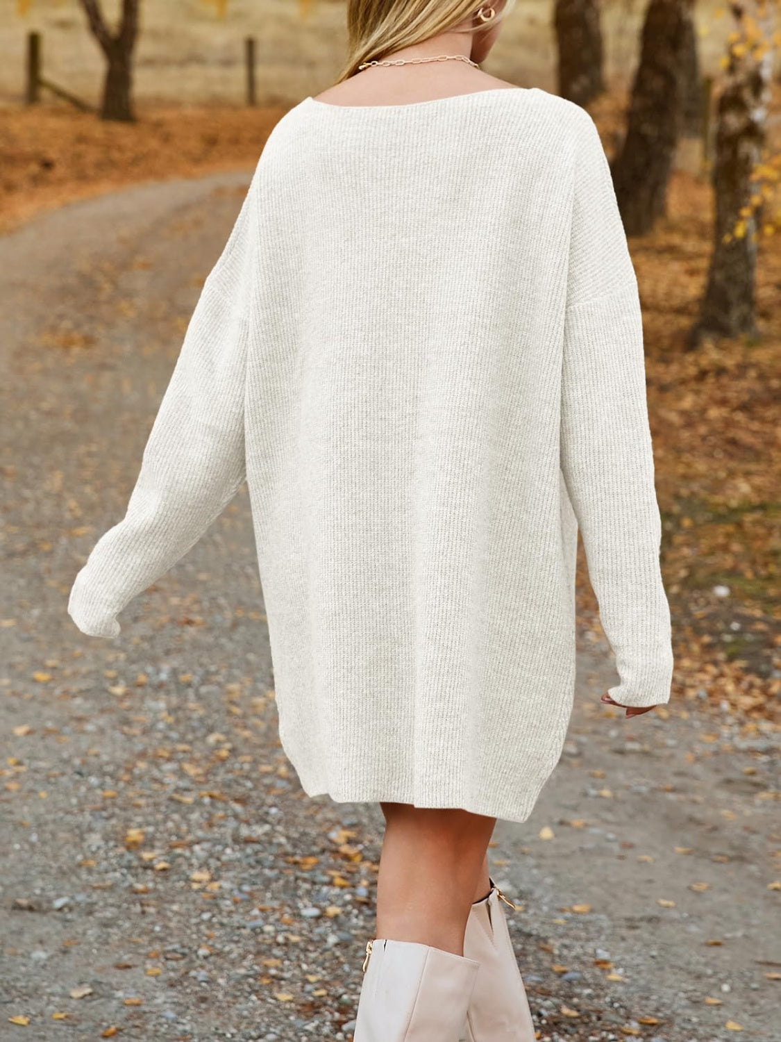 V-Neck Dropped Shoulder Sweater Dress