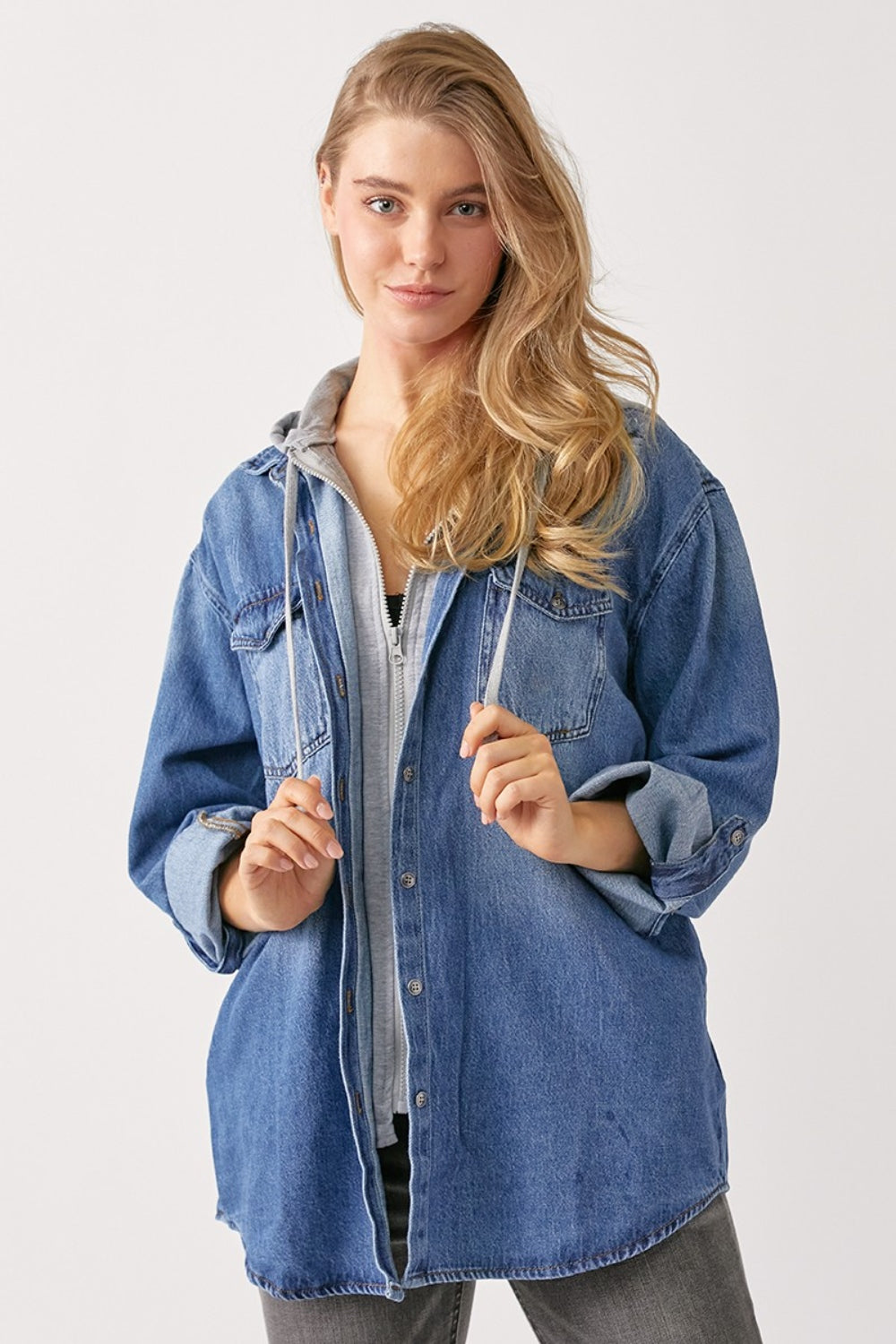 Zip Up Hooded Denim Shirt