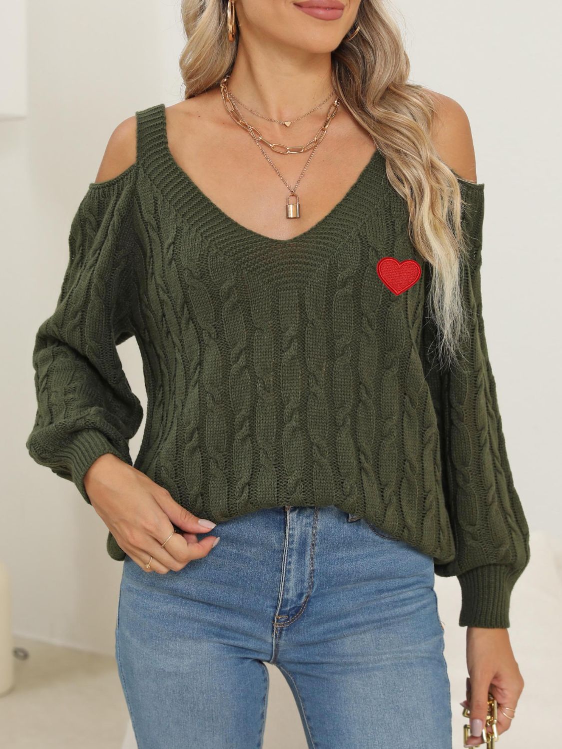 Heart V-Neck Cold Shoulder Sweater