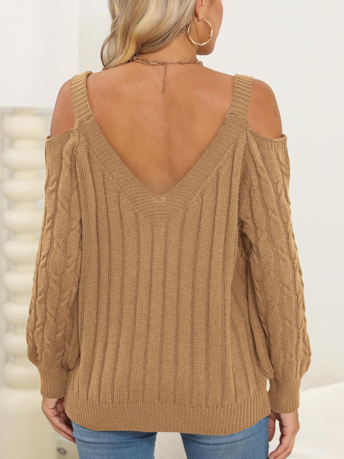 Heart V-Neck Cold Shoulder Sweater