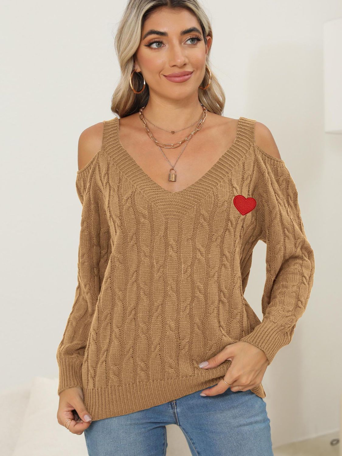 Heart V-Neck Cold Shoulder Sweater