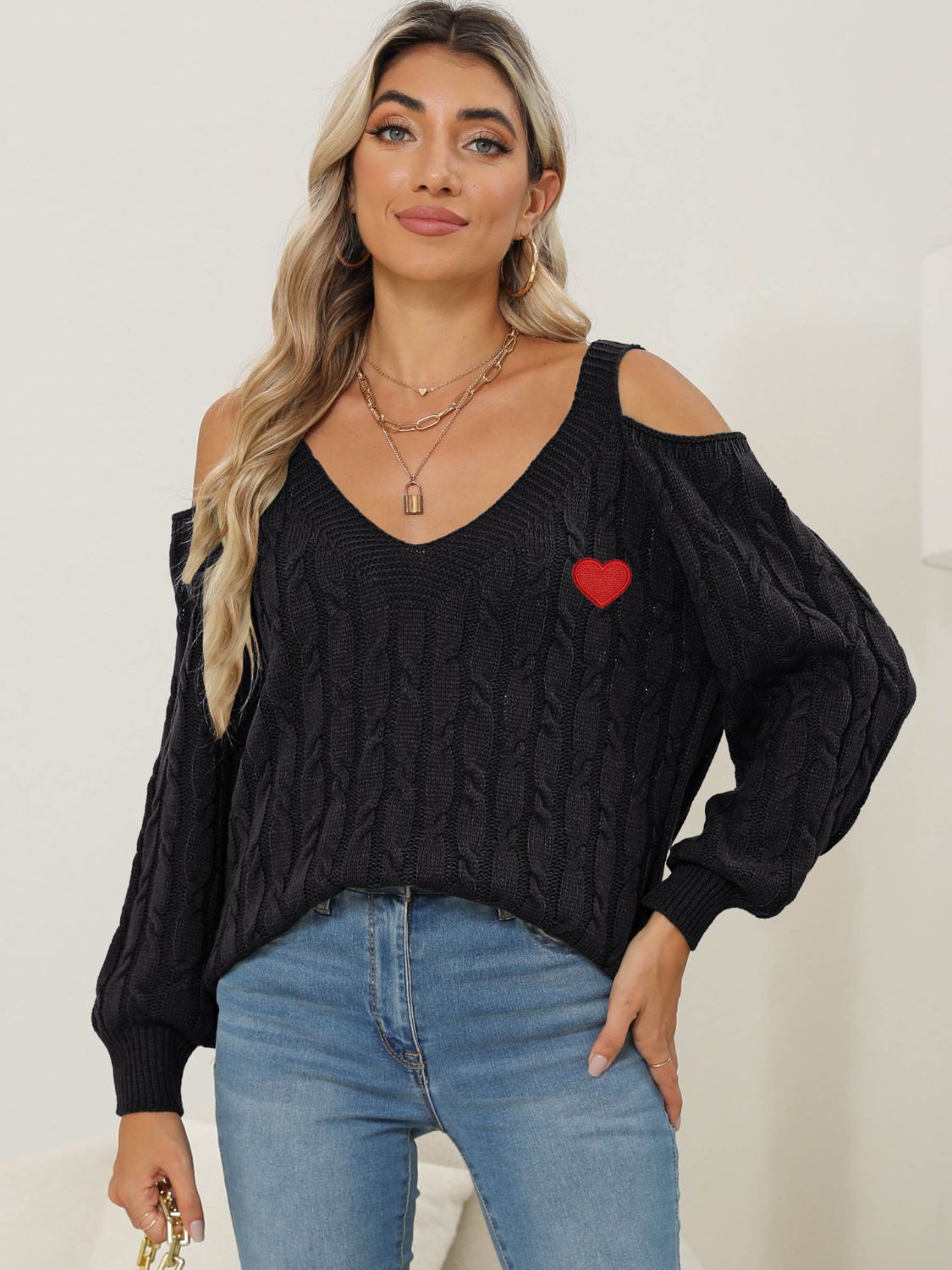 Heart V-Neck Cold Shoulder Sweater