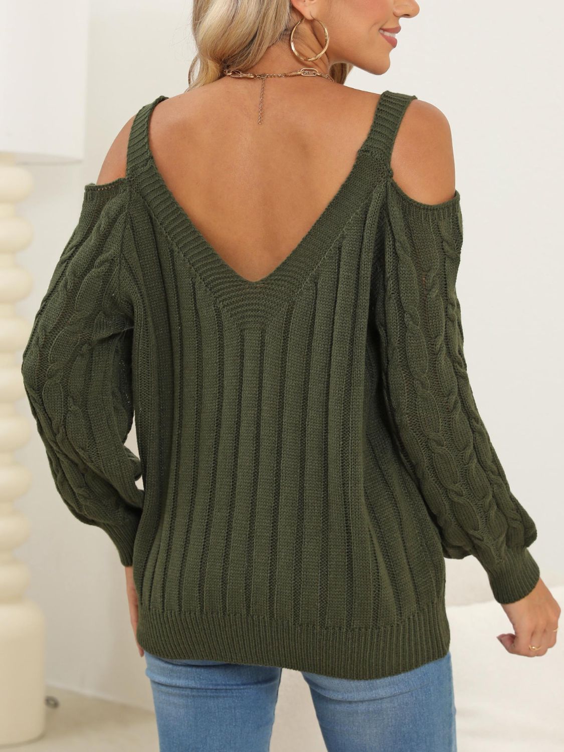 Heart V-Neck Cold Shoulder Sweater