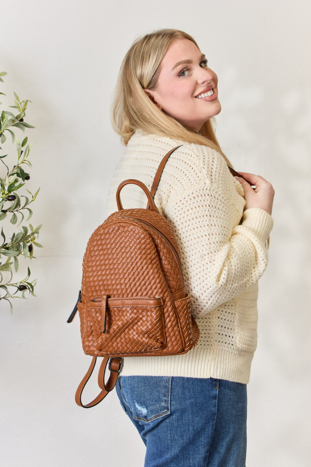 Vegan Leather Woven Backpack