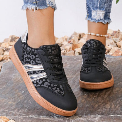Leopard Round Toe Lace Up Athletic Sneakers