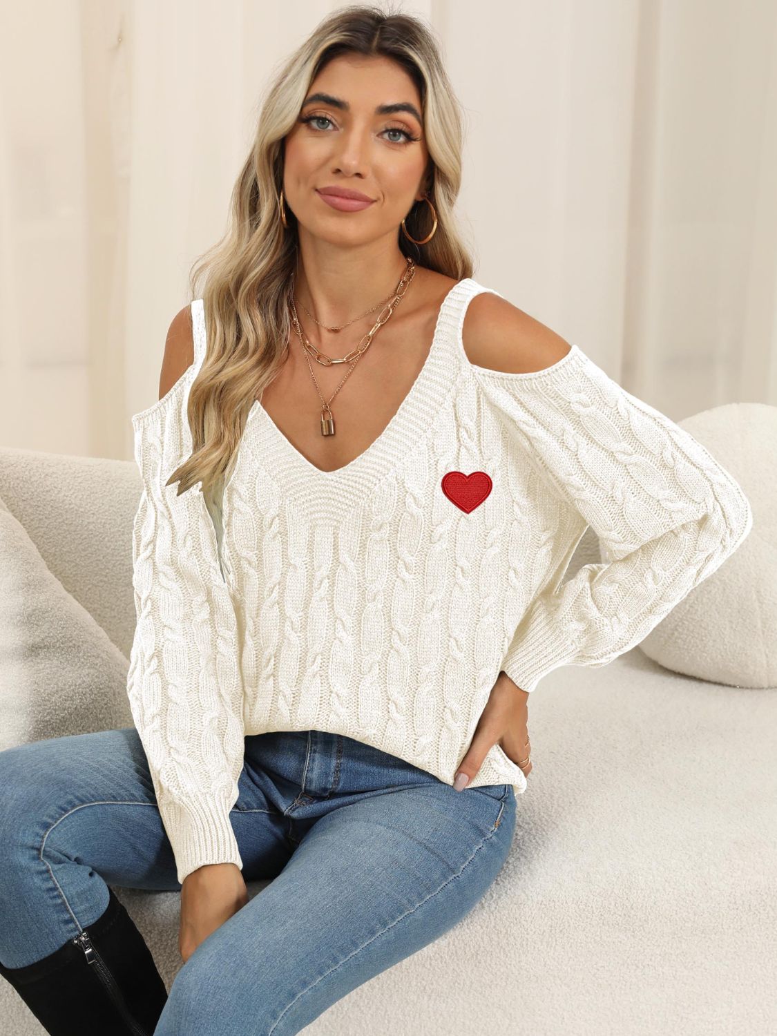 Heart V-Neck Cold Shoulder Sweater