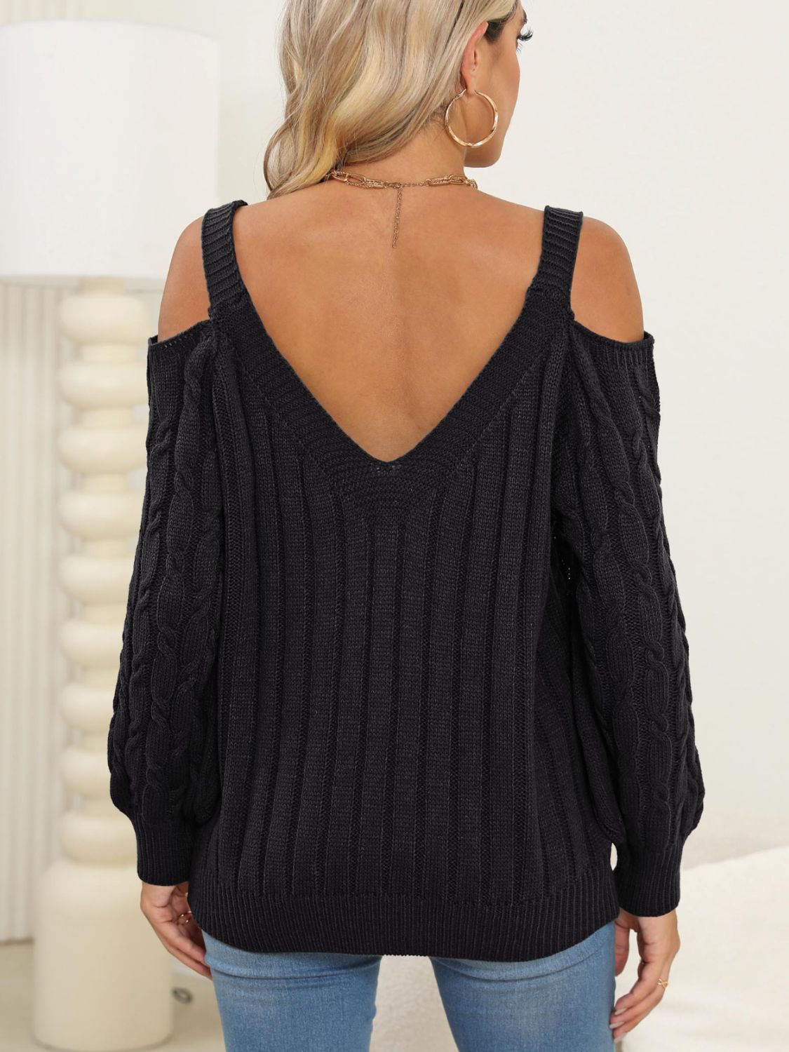 Heart V-Neck Cold Shoulder Sweater