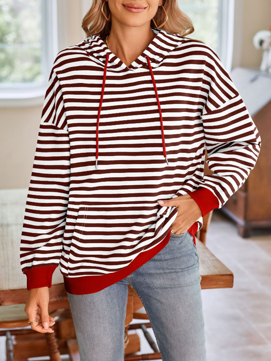 Drawstring Striped Long Sleeve Hoodie