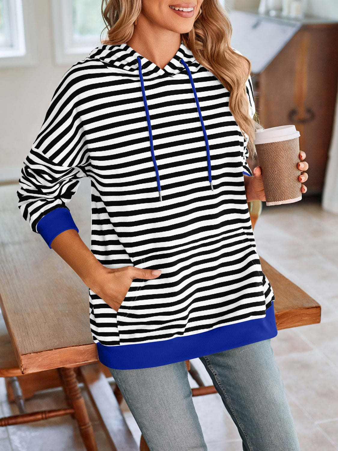 Drawstring Striped Long Sleeve Hoodie