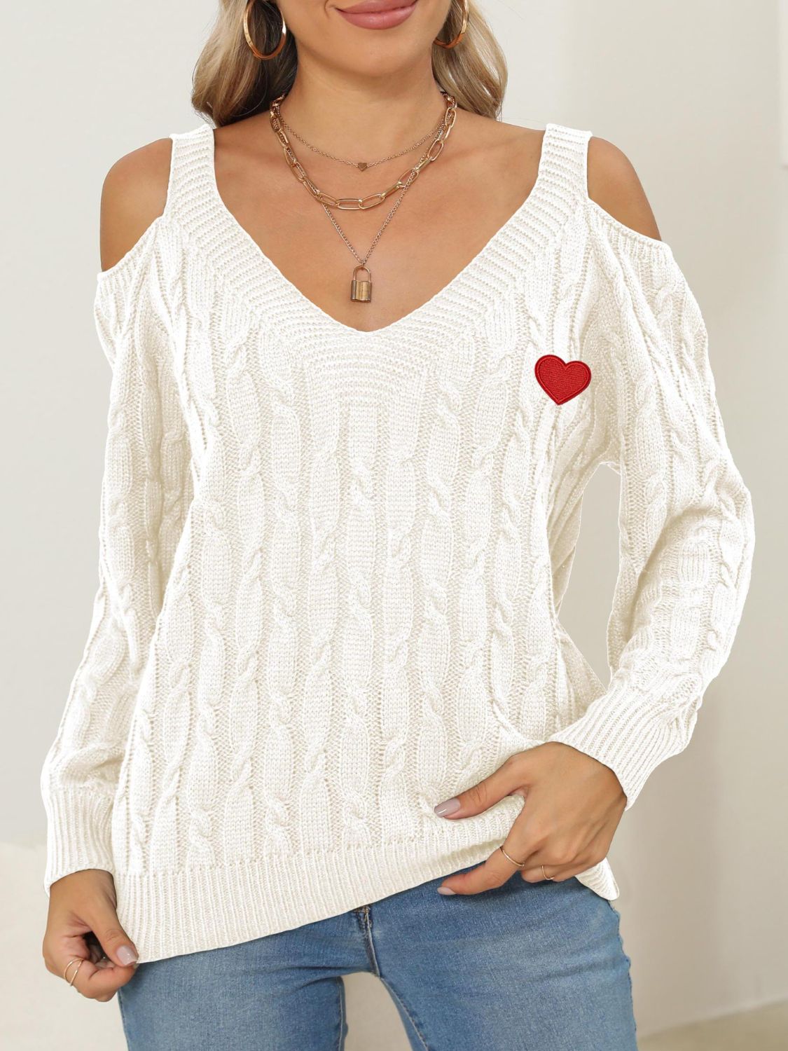 Heart V-Neck Cold Shoulder Sweater