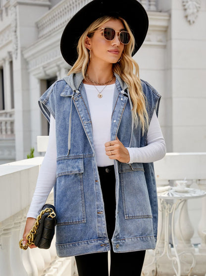 Hooded Sleeveless Denim Vest with Pockets