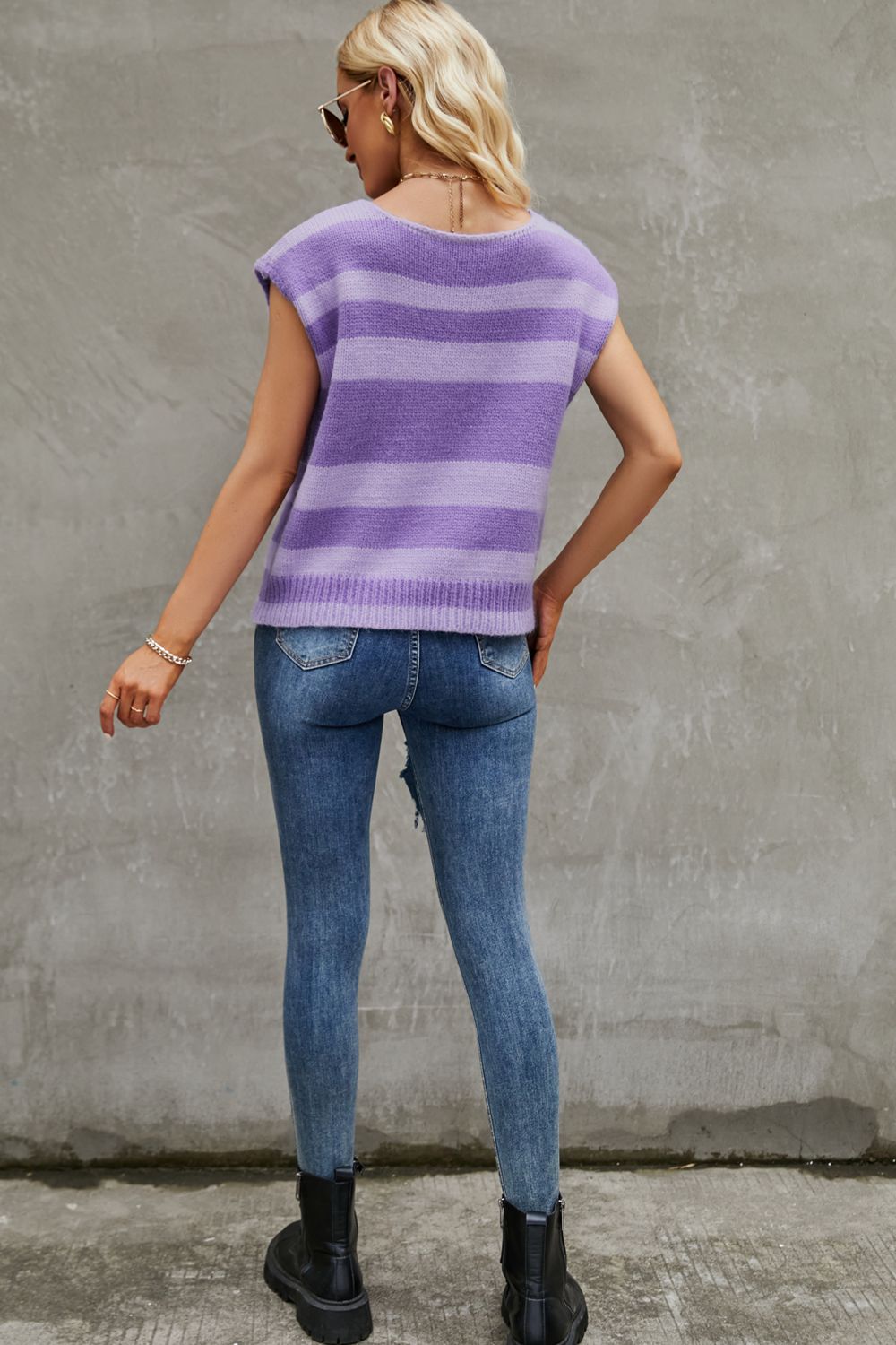 Striped Round Neck Cap Sleeve Knit Top
