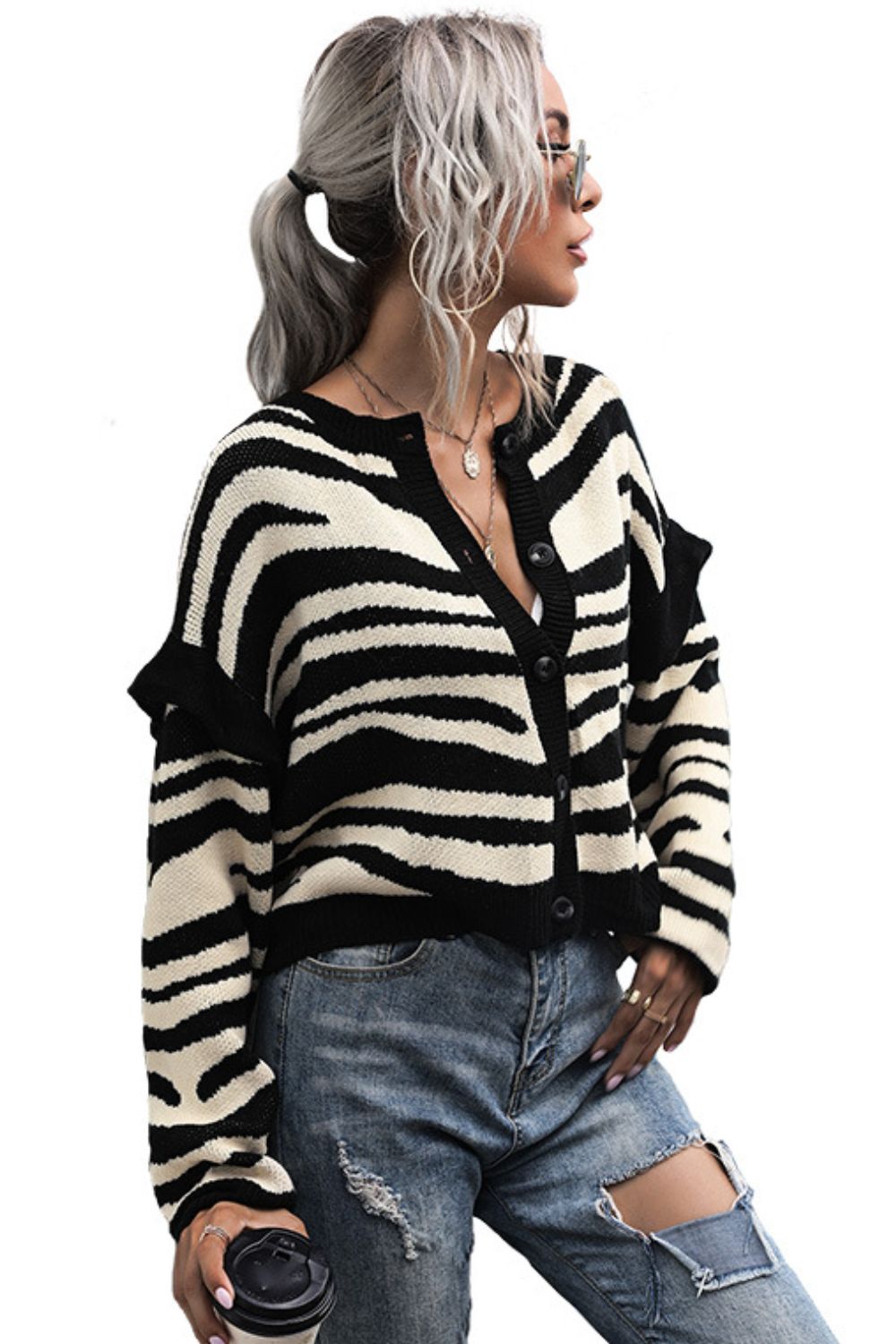 Woven Right Striped Button-Down Round Neck Drop Shoulder Cardigan