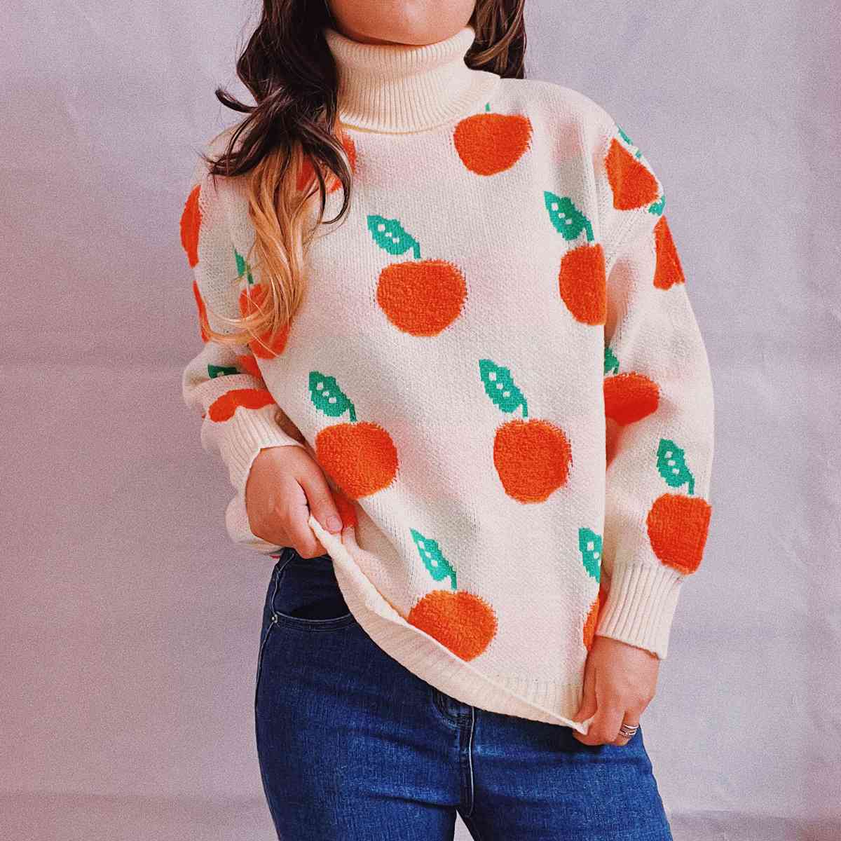 Fruit Pattern Turtleneck Dropped Sweater