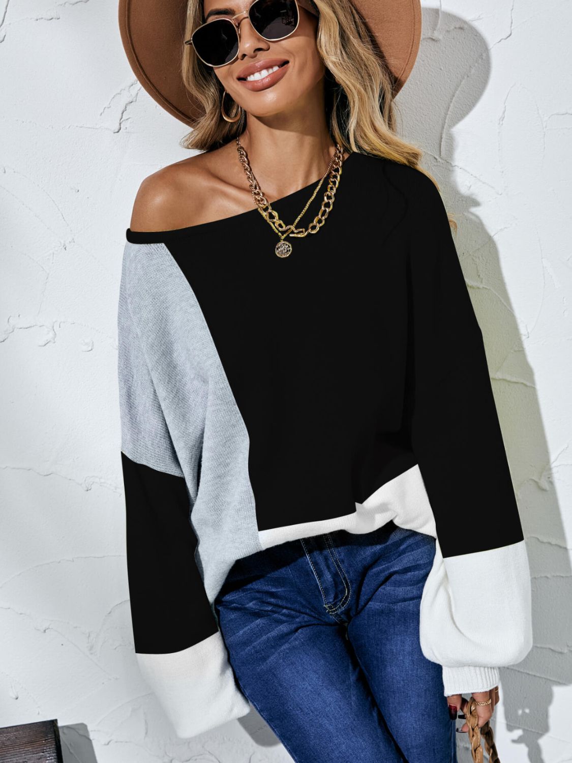 Color Block Balloon Sleeve Boat Neck Sweater