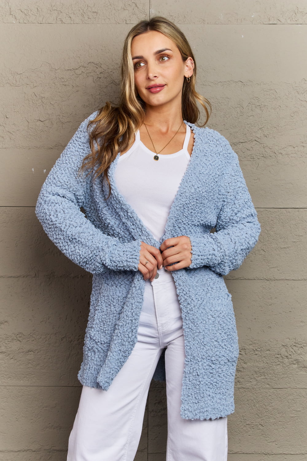 Falling For You Full Size Open Front Popcorn Cardigan